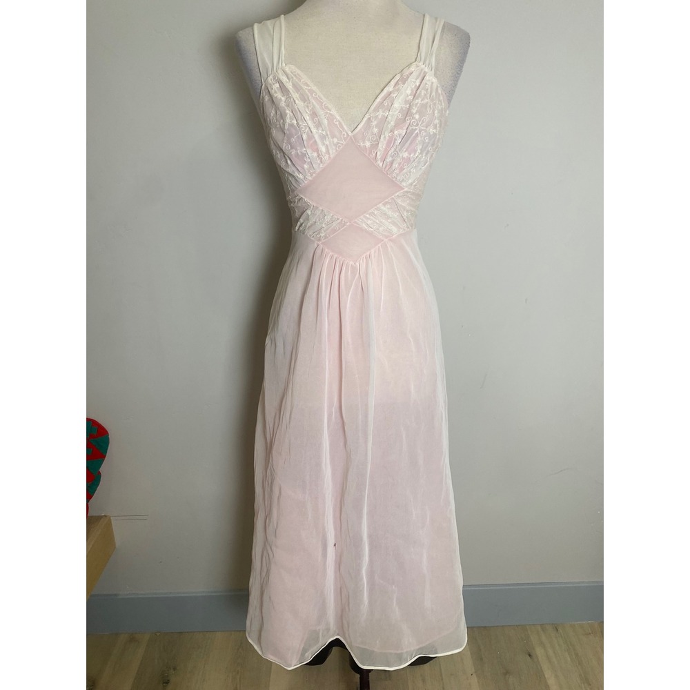 Vintage 60s Pink Nylon Embroidered Nightgown Dress V-Neck Maxi Lingerie Small